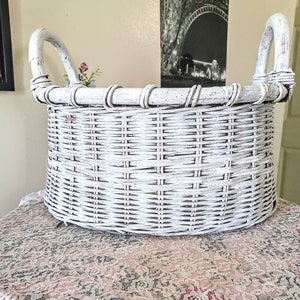 White basket, round basket, embellished, storage basket, blankets, throws, magazines, books, shabby n chic, cottage, large round basket image 3