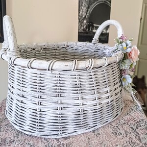 White basket, round basket, embellished, storage basket, blankets, throws, magazines, books, shabby n chic, cottage, large round basket image 7