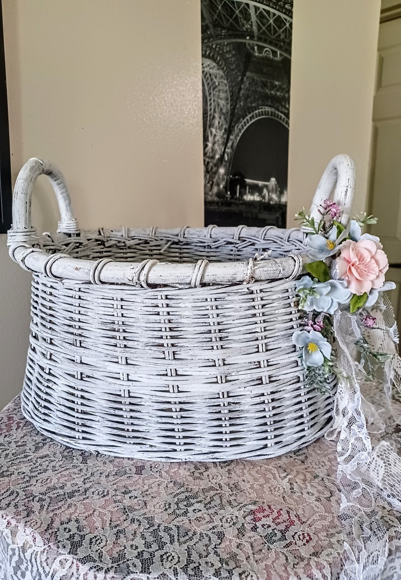 White basket, round basket, embellished, storage basket, blankets, throws, magazines, books, shabby n chic, cottage, large round basket image 10