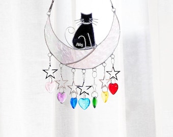 Crystal Rainbow Suncatcher Cat on Moon Stained Glass Window Hangings Heart Wall Decor Loss of Pet Cat Memorial Gift Custom Gift Cat Lovers