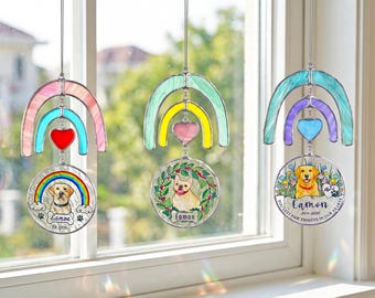 Custom Pet Portrait Stained Glass Suncatcher from Photo - Rainbow Bridge Pet Memorial Gift - Personalized Dog Cat Loss Sympathy Art