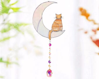 Custom Cat Memorial Suncatcher Crystal Cat on Moon Loss of Pet Sympathy Gift Stained Glass Custom Name Cat Ornament Cat Lovers Gifts