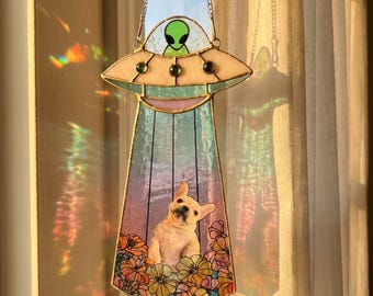 Custom Stained Glass Pet Portrait in UFO, Personalized Dog Cat Alien Spaceship Suncatcher, Pet Memorial Gift, Funny Alien Abduction Wall Art