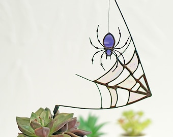 Spider Web Stained glass Plant Stake spider with web sun catcher Window hangings Spooky Halloween Decor for Pot Gothic decor for Halloween