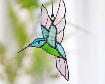 Hummingbird stained glass window hangings Hummingbird Sun catcher Hummingbird gift Custom stained glass bird suncatcher Mothers Day gift
