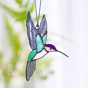 Hummingbird stained glass set of 3 window hangings Hummingbird Sun catcher Hummingbird gift Custom stained glass bird suncatcher Mothers Day purple wing humming