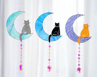 Cat Memorial Suncatcher Crystal Cat on Moon Loss of Pet Sympathy Gift Stained Glass Custom Name Cat Ornament Cat Lovers Gifts Cat Memorial