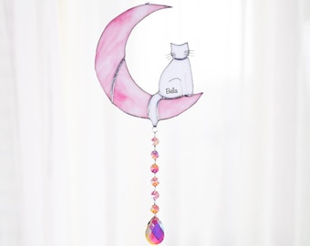Custom Cat Memorial Suncatcher Crystal Cat on Moon Loss of Pet Sympathy Gift Stained Glass Custom Name Cat Ornament Cat Lovers Gifts
