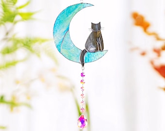 Cat Memorial Suncatcher Crystal Cat on Moon Loss of Pet Sympathy Gift Stained Glass Custom Name Cat Ornament Cat Lovers Gifts Cat Memorial