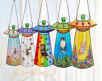 Custom Stained Glass Pet Portrait in UFO, Personalized Dog Cat Alien Spaceship Suncatcher, Pet Memorial Gift, Funny Alien Abduction Wall Art