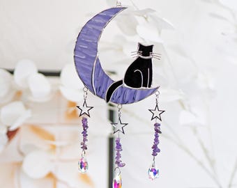 Custom Cat Stained Glass Moon Suncatcher Energy Crystal Loss of Pet Sympathy Gift Stained Glass Custom Name Cat Ornament Cat Lovers Gifts