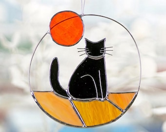 Custom Cat stained glass cat with sun rainbow bridge window hanging Cat Sun Catcher Boho Cat Cat Memorial Gift  Black, Tabby...