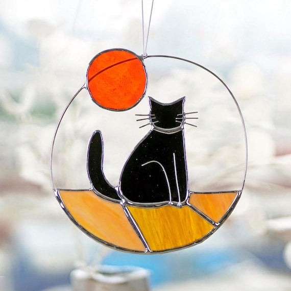 Custom Cat stained glass cat with sun rainbow bridge window hanging Cat Sun Catcher Boho Cat Cat Memorial Gift  Black, Tabby...