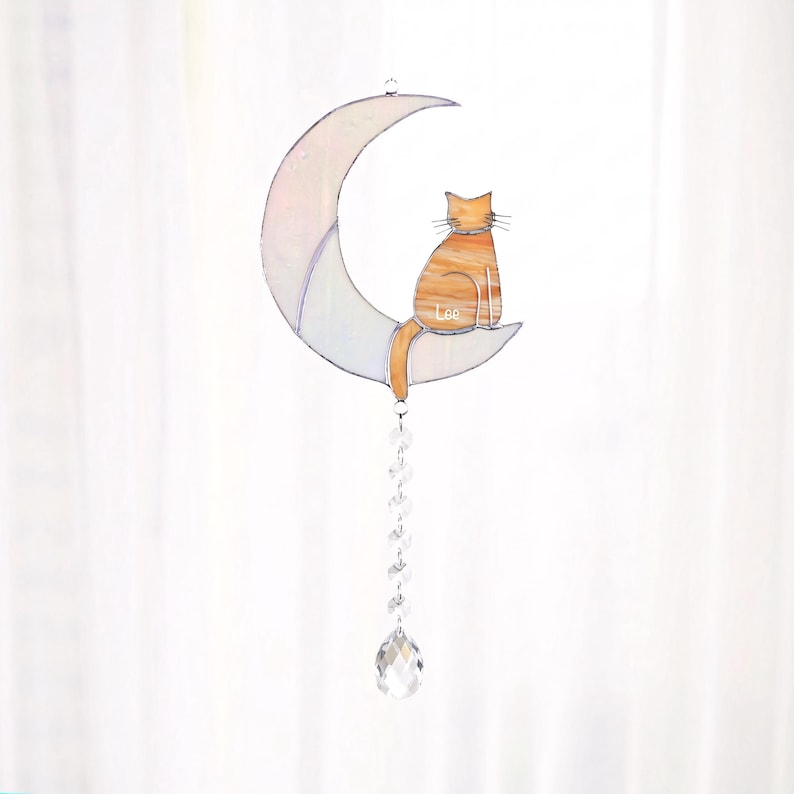 Custom Cat Memorial Suncatcher Crystal Cat on Moon Loss of Pet Sympathy Gift Stained Glass Custom Name Cat Ornament Cat Lovers Gifts image 9
