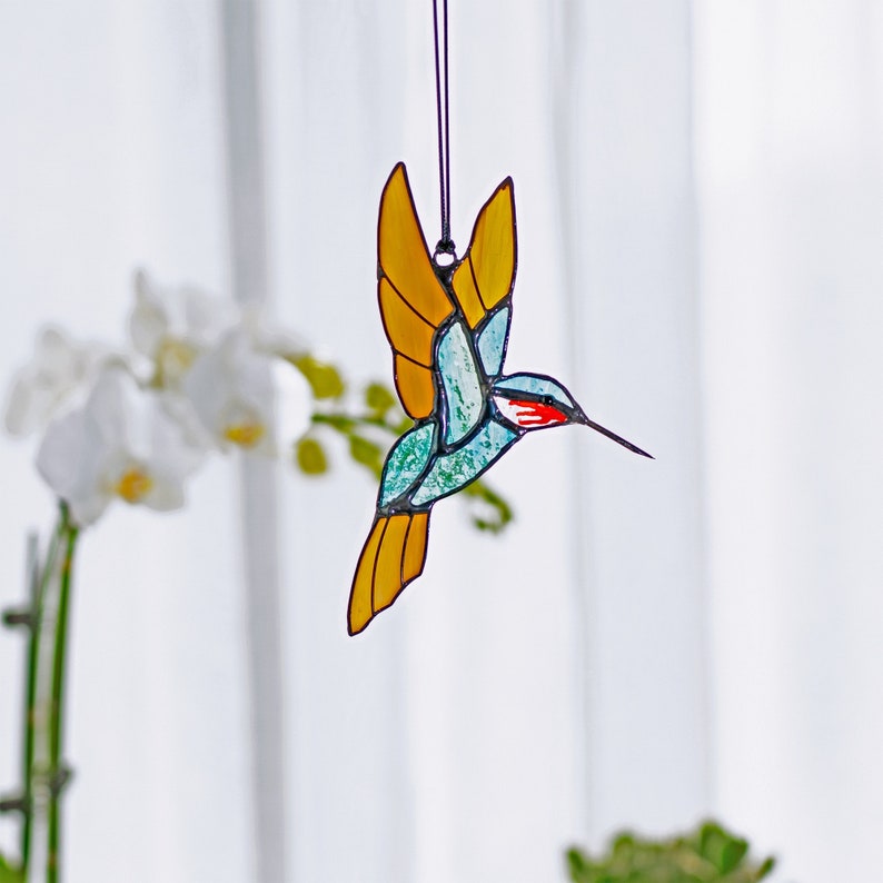 Hummingbird stained glass set of 3 window hangings Hummingbird Sun catcher Hummingbird gift Custom stained glass bird suncatcher Mothers Day image 2