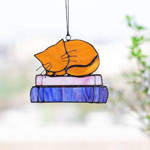 May include: A stained glass ornament featuring a sleeping orange cat atop a stack of books. The books are colored pink, blue, and white. The cat has black whiskers and is suspended by a black string.