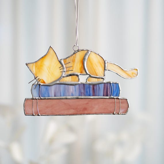 Custom Cat on The Books Stained Glass Window Hanging Wall Decor Cat Mom Gift, Book Lover's Gift, Cat Sun Suncatcher, Cat Gifts