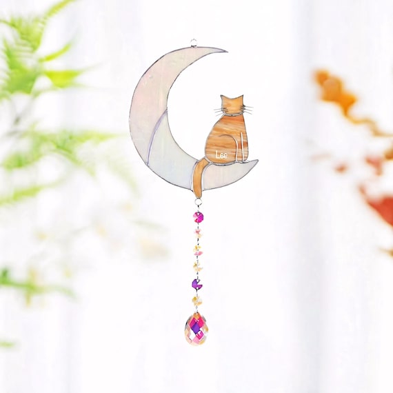 Custom Cat Memorial Suncatcher Crystal Cat on Moon Loss of Pet Sympathy Gift Stained Glass Custom Name Cat Ornament Cat Lovers Gifts