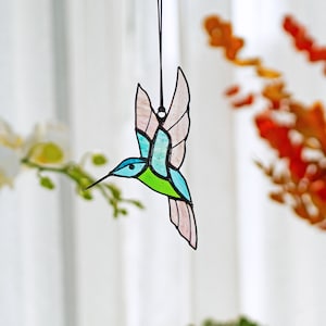 Hummingbird stained glass set of 3 window hangings Hummingbird Sun catcher Hummingbird gift Custom stained glass bird suncatcher Mothers Day image 3