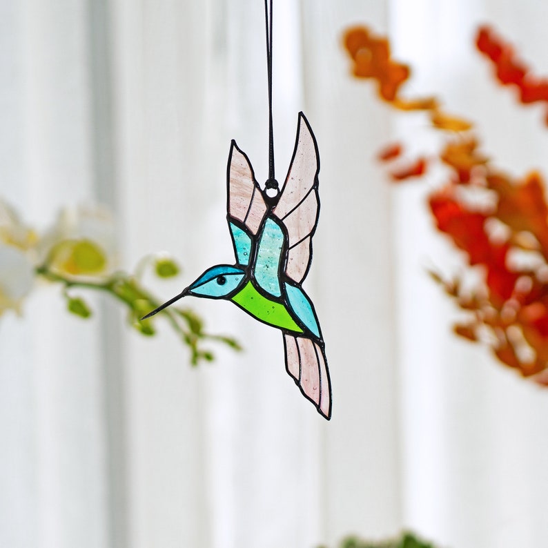 Hummingbird stained glass set of 3 window hangings Hummingbird Sun catcher Hummingbird gift Custom stained glass bird suncatcher Mothers Day image 3