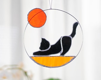 Boho Cat Staine Glass Window Hangings Yoga Cat Sun Catcher Loss of Pet Sympathy Gift Cat Memorial Suncatcher Cat Gifts