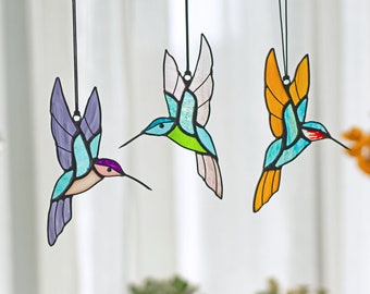 Hummingbird stained glass set of 3 window hangings Hummingbird Sun catcher Hummingbird gift Custom stained glass bird suncatcher Mothers Day