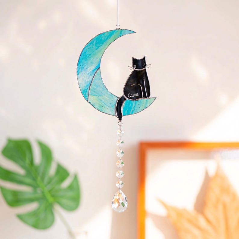 Custom Cat Memorial Suncatcher Crystal Cat on Moon Loss of Pet Sympathy Gift Stained Glass Custom Name Cat Ornament Cat Lovers Gifts image 3