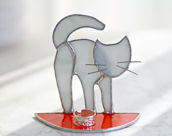 Kattstående solfångare i målat glas för katt, kattprydnad, kattfönsterhängande, kattringhållare, svart, vit, grå, brun, kattminnesgåva