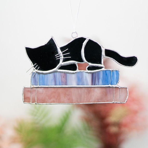 Custom Cat on The Books Stained Glass Window Hanging Wall Decor Cat Mom Gift, Book Lover's Gift, Cat Sun Suncatcher, Cat Gifts