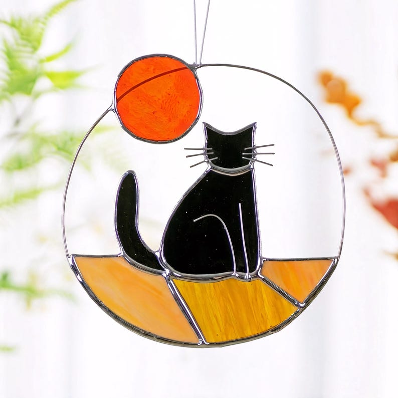 Custom Cat stained glass cat with sun rainbow bridge window hanging Cat Sun Catcher Boho Cat Cat Memorial Gift Black, Tabby... image 8