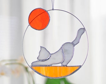 Boho Cat Staine Glass Window Hangings Yoga Cat Sun Catcher Loss of Pet Sympathy Gift Cat Memorial Suncatcher Cat Gifts