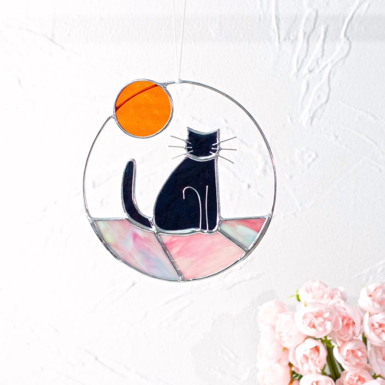 Custom Cat stained glass cat with sun rainbow bridge window hanging Cat Sun Catcher Boho Cat Cat Memorial Gift Black, Tabby... image 7
