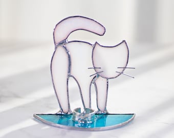 Kattstående solfångare i målat glas för katt, kattprydnad, kattfönsterhängande, kattringhållare, svart, vit, grå, brun, kattminnesgåva
