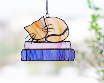 Custom Cat on The Books Stained Glass Window Hanging Wall Decor Cat memorial Gift, Book Lover's Gift, Cat Sun Suncatcher, Cat Gifts