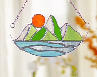 Sun Mountains River Stained Glass with Sunset Ornament Mountains Suncatcher Boho Nature  Oregon Washington Mount Rainier Olympus Lake