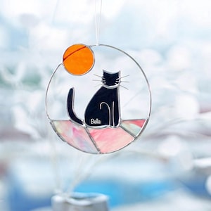 Custom Cat stained glass cat with sun rainbow bridge window hanging Cat Sun Catcher Boho Cat Cat Memorial Gift Black, Tabby... image 2
