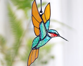 Hummingbird stained glass window hangings Hummingbird Sun catcher Hummingbird gift Custom stained glass bird suncatcher Mothers Day gift