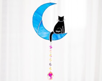 Cat Memorial Suncatcher Crystal Cat on Moon Loss of Pet Sympathy Gift Stained Glass Custom Name Cat Ornament Cat Lovers Gifts Cat Memorial