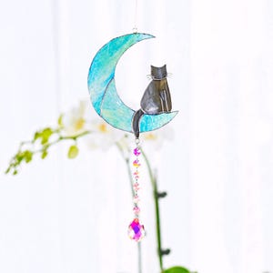 Custom Cat Memorial Suncatcher Crystal Cat on Moon Loss of Pet Sympathy Gift Stained Glass Custom Name Cat Ornament Cat Lovers Gifts image 10