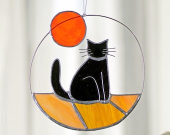 Cat stained glass cat with sun rainbow bridge window hanging Cat Sun Catcher Boho Cat Cat Memorial Gift  Black, Tabby...