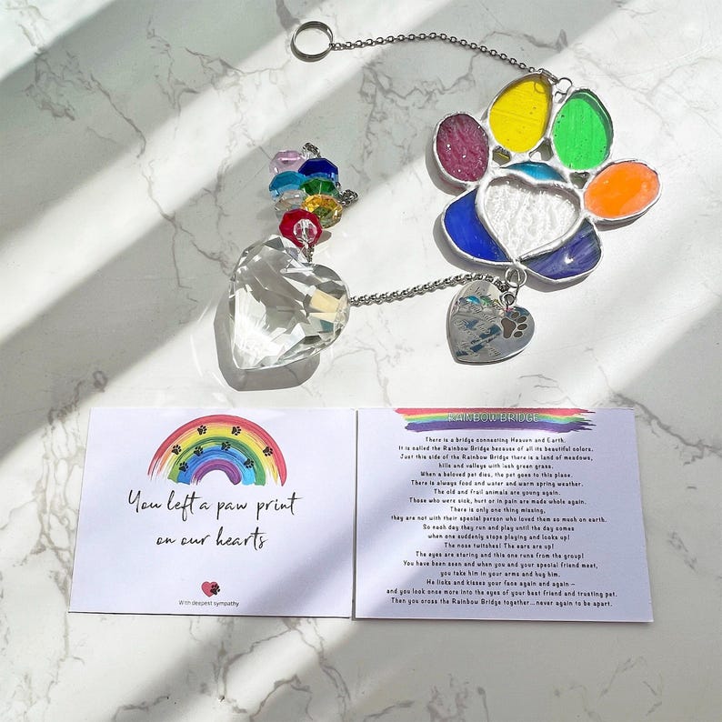 Custom Rainbow Bridge Stained Glass Paw Dog Memorial Suncatcher Stained ...