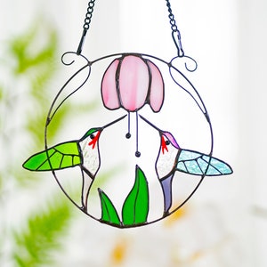 Hummingbirds Stained Glass and Flowers Stained Glass Suncatcher, Indoor Decor, Window Hangings, Wall Art, Gifts for Women, Sun Catcher