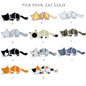 May include: Pick Your Cat Glass: A collection of 10 stained glass cat designs, each with a unique color scheme and pose. The designs include black, gray, orange, and brown cats. The cats are all in different poses, including sleeping, sitting, and standing. The designs are labeled with letters A through K.