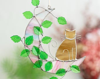 Cat On Moon Stained Glass Plants Window Hangings Sun catcher Black Cat Ornament Cat Lovers Gift Home Decor Gift Halloween Custom Cat Gift