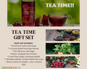 Hibiscus, Moringa and Lemon Balm Tea Bundle -- GMO FREE -- Tea infuser, cups and tea bags included!!  BONUS seeds!