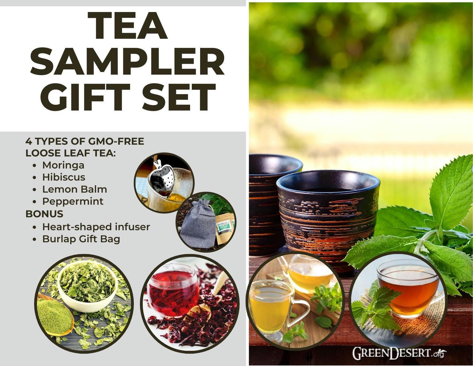 Tea Sampler Gift Set with tea infuser and reusable burlap bag - All tea is GMO-FREE