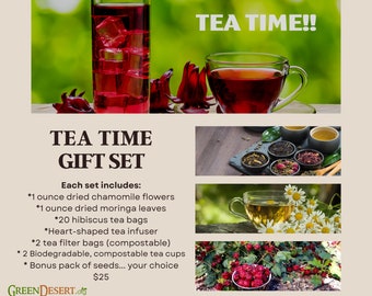Hibiscus, Moringa and Chamomile Tea Bundle -- GMO FREE -- Tea infuser, cups and tea bags included!!  BONUS seeds!