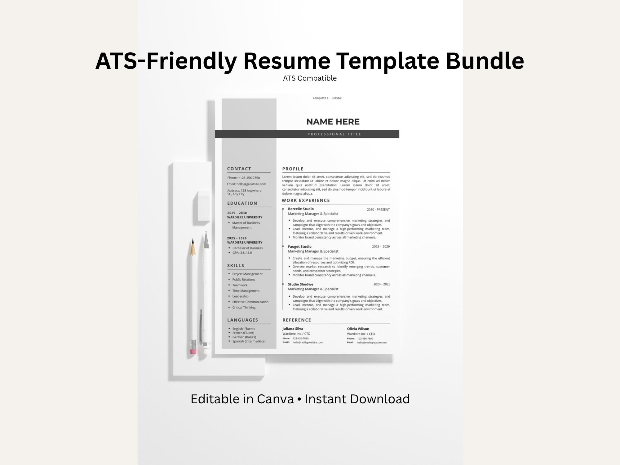 4 ATS Friendly Resume Templates Bundle | Editable Canva CV ...