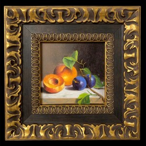 New Original Miniature Oil Painting Still Life Fruit Apricot and Blueberries With Italian Wooden Frame.