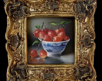 New Original Miniature Oil Painting Still Life Fruit Crab Apple Chiness Bowl With Handmade Gold Gilt Frame.